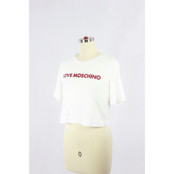 LOVE MOSCHINO White Cotton Jersey Logo Boxy Crew Neck T-Shirt, Size 2 - Picture 4 of 14
